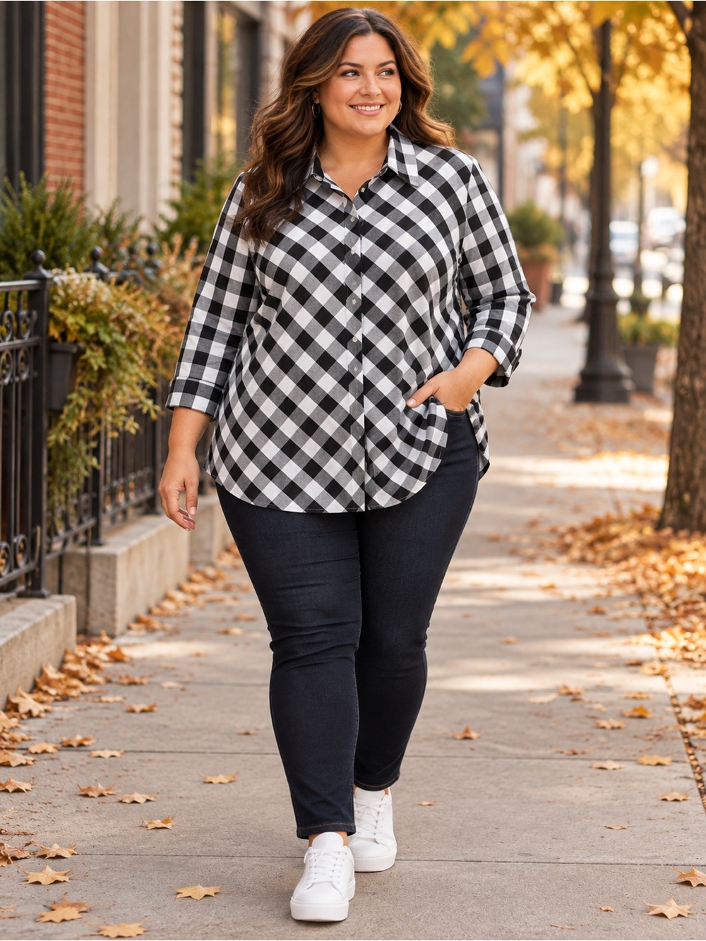 A58. Alia 20W Black & White Plaid Button-Up Shirt
